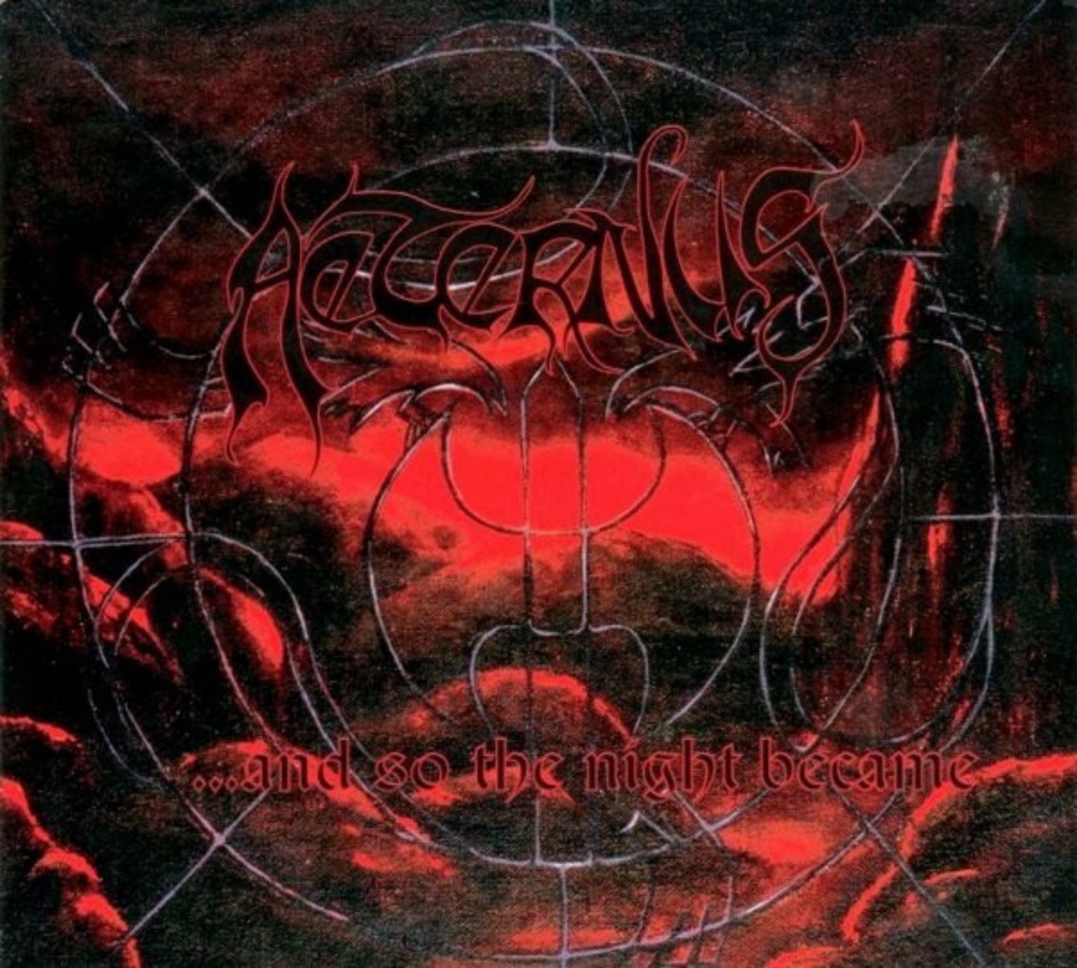 Aeternus – …And So the Night Became (1998): fekete-vörös, izzó absztrakt háttér ívelt vonalakkal, felül vörös zenekari logó, alul az album címe.