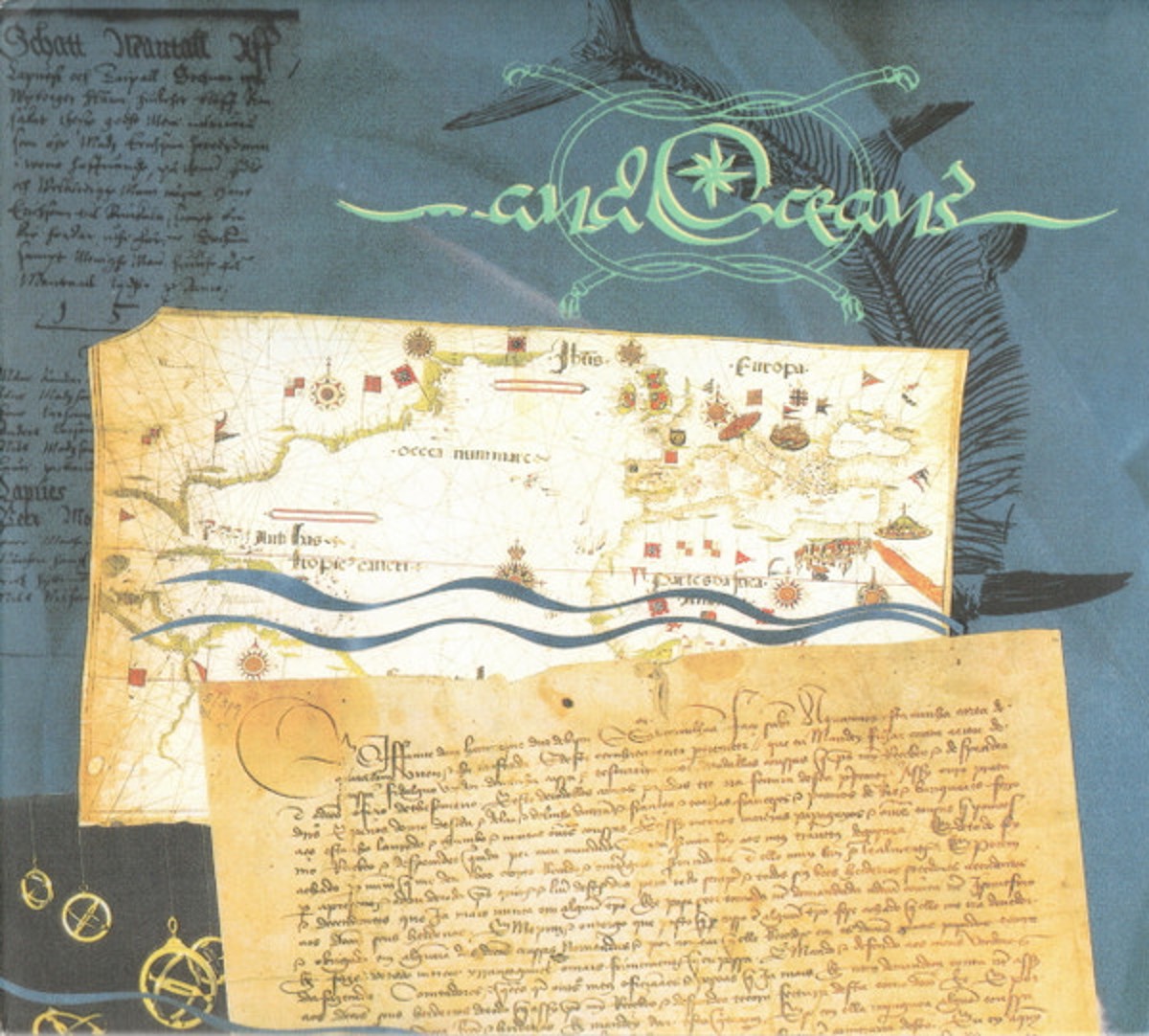 Original cover of …And Oceans’ The Dynamic Gallery of Thoughts (1998): an antique nautical chart and overlapping sheets of handwritten parchment.