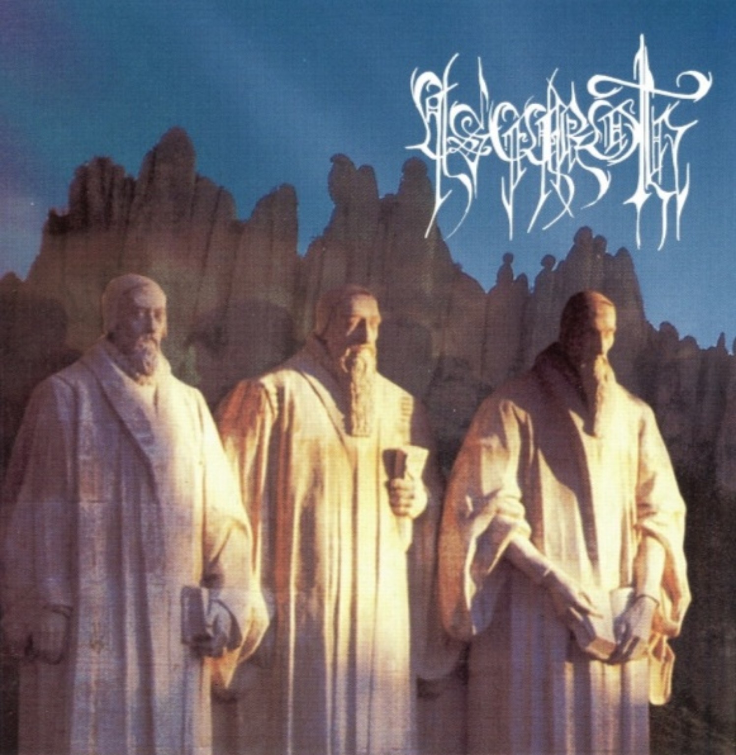 Asgaroth – Trapped in the Depths of Eve... (1997): drei bärtige Gestalten in hellen Gewändern vor steilen Felsformationen, dunkelblauer Himmel und das kunstvolle weiße Bandlogo.