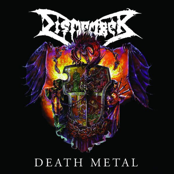 Original cover of Dismember’s Death Metal (1997): a white logo, flames, blue-violet dragon wings and an ornate heraldic shield against black.