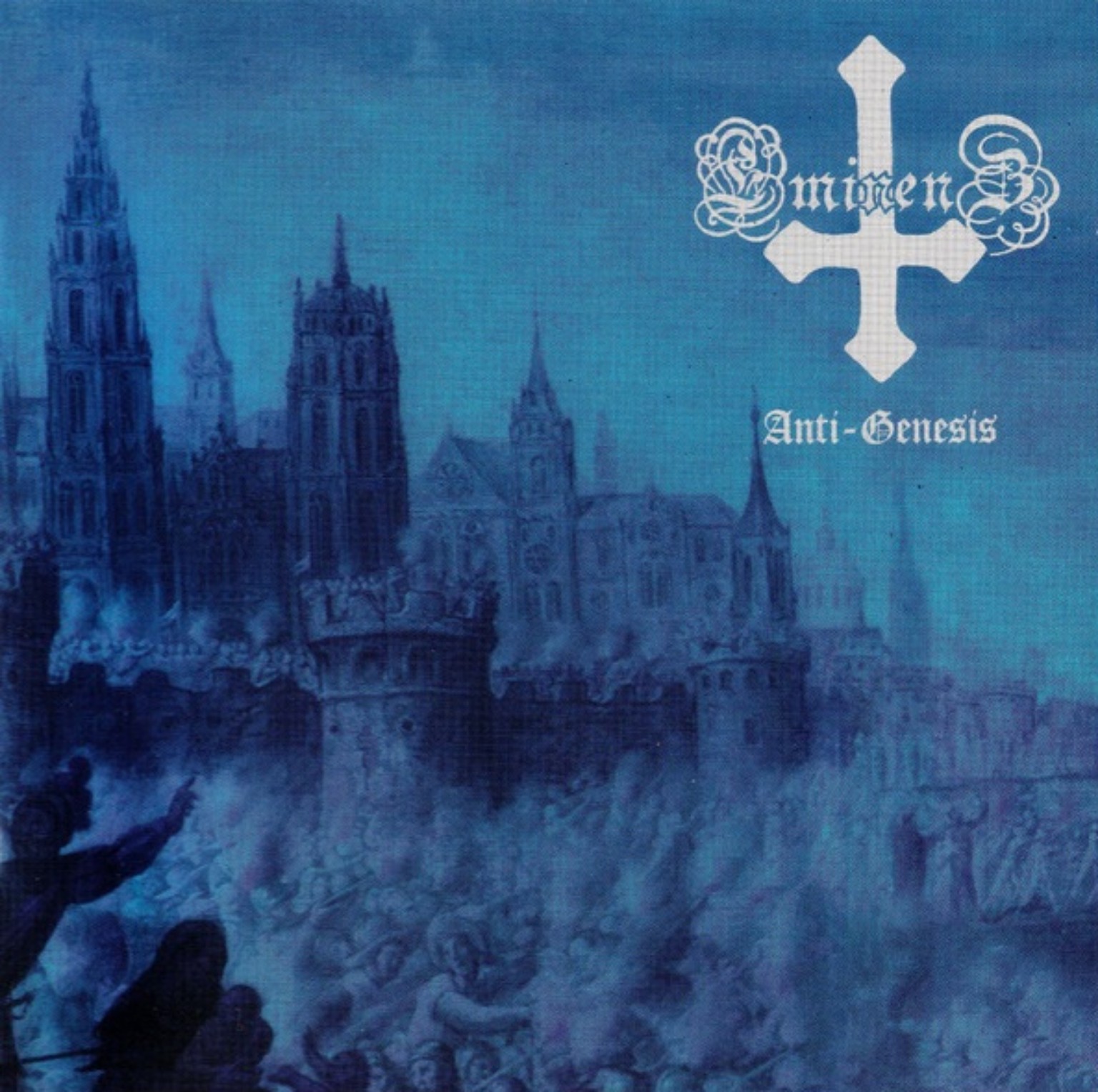Eminenz – Anti-Genesis (1998): eine bläulich verschwommene gotische Stadt, ein umgedrehtes weißes Kreuz, eine Menschenmenge und das Bandlogo.