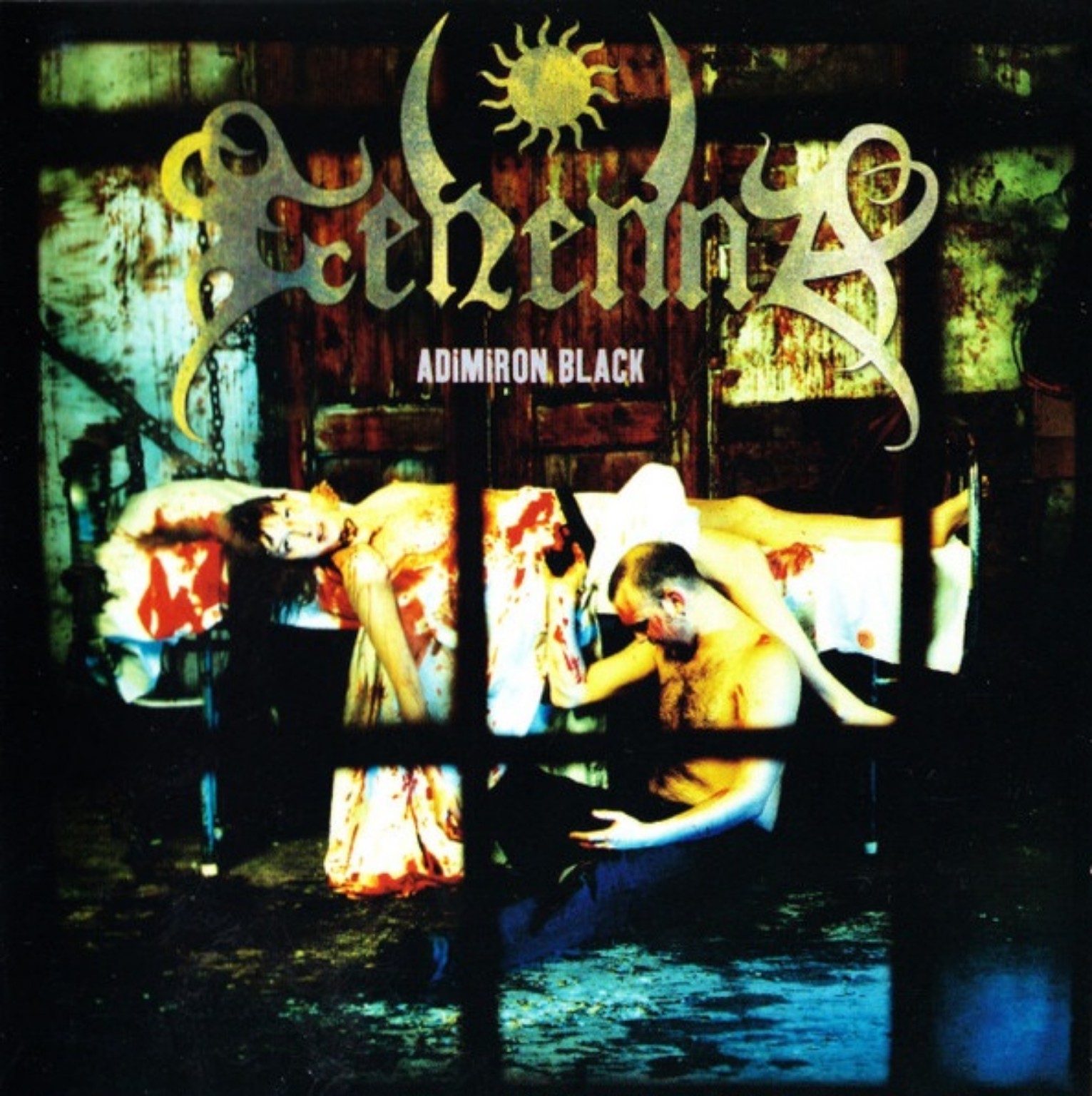 Gehenna – Adimiron Black (1998): a dark, rusted green interior, the band’s gold logo and two human figures behind a grid of black bars.