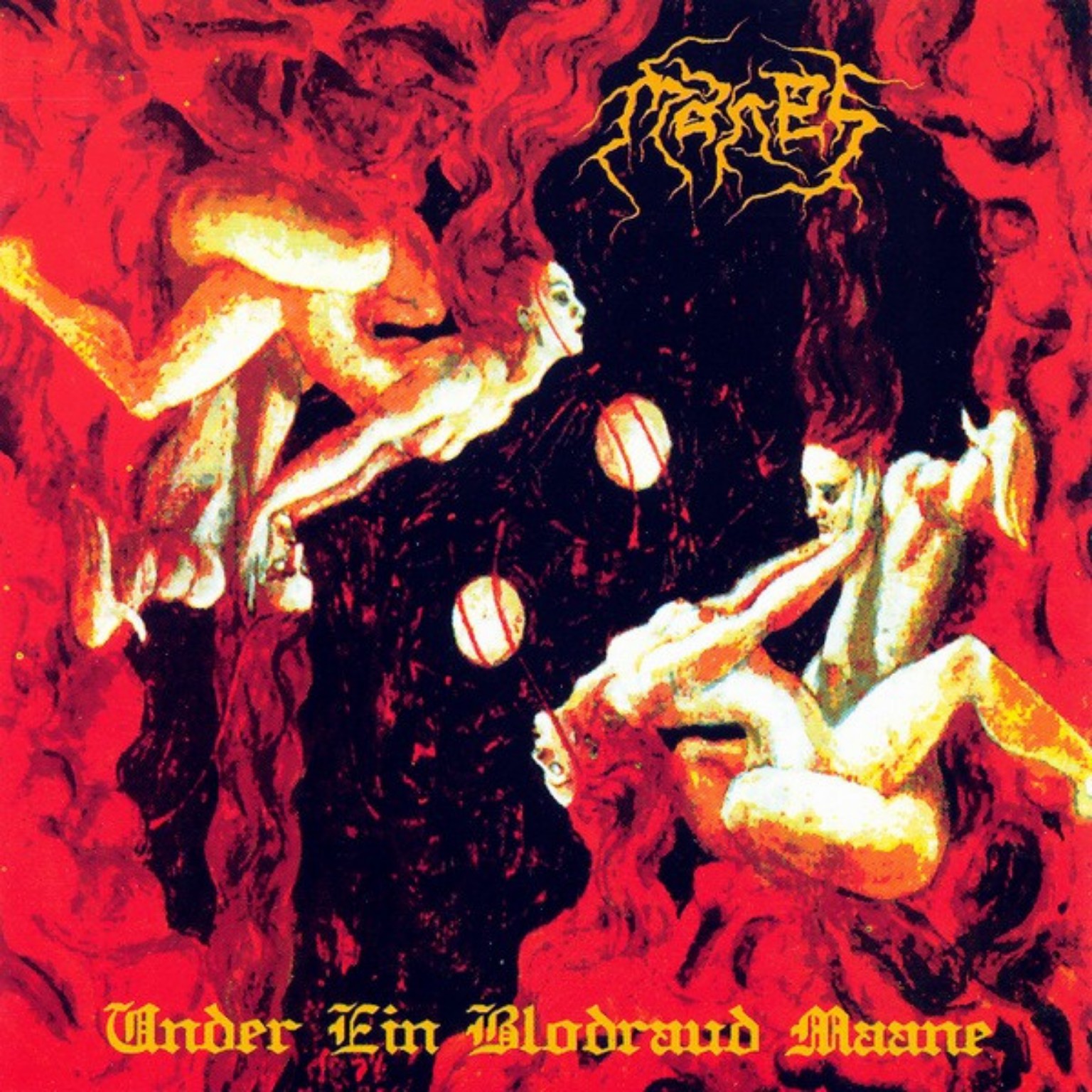 Manes – Under Ein Blodraud Maane (1999): originales rot-schwarzes CD-Cover mit hellen Figuren.