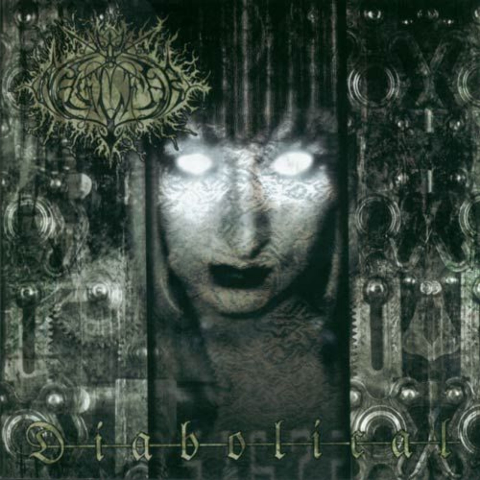 Naglfar – Diabolical (1998): ein bleiches Gesicht mit gleißend weißen Augen, gerahmt von dunkelgrün-schwarzen Ornamenten, oben links das Bandlogo, unten der Albumtitel.