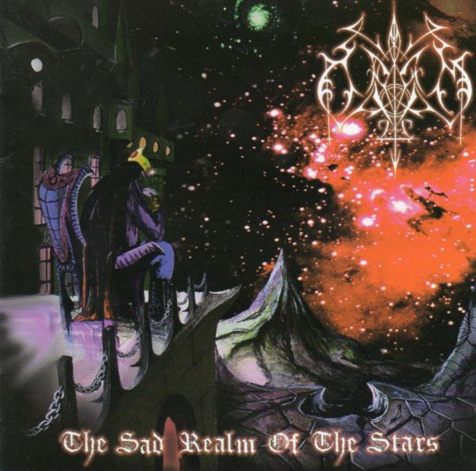 Odium – The Sad Realm of the Stars (1998): sötét gótikus építmény, köpenyes alak, zöldes hegy és narancsvörös csillagközi égbolt.